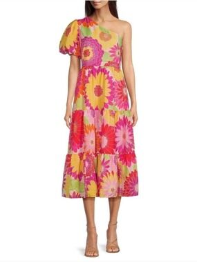 J. Marie Leilani Pink Floral One Shoulder Midi Dress Large